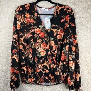Amelia‎ James Wrap Top Womens Small Black Orange Floral Long Sleeve V Neck New
